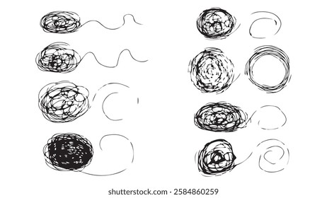 Set of chaotically tangled line and untied knot in the shape of circle, psychotherapy concept of solving problems is easy, chaos and mess line circle, psychotherapy concept, problem solution symbol