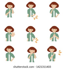Set of character in 9 different poses of young woman, Body language business woman stiff shoulders, elbow pain, headache, giving out her hand. Vector illustration.