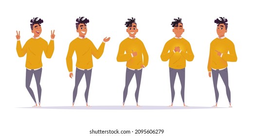 Set of character of African American positive man who shows different gestures:cool, love,like, points at another person