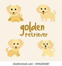 Set Character Animal In Various Poses Of Cute Golden Retriever Dog Is Sitting, Sleep, and Jumping. Vector Illustration