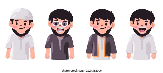 Set character of arab man avatar of muslim Islam young smile person with beard