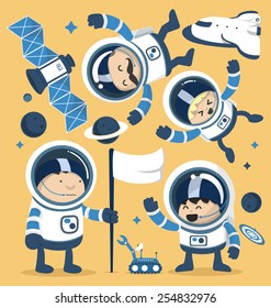 Set character astronauts in space and Rocket Ships Robots,Planets.Vector illustration