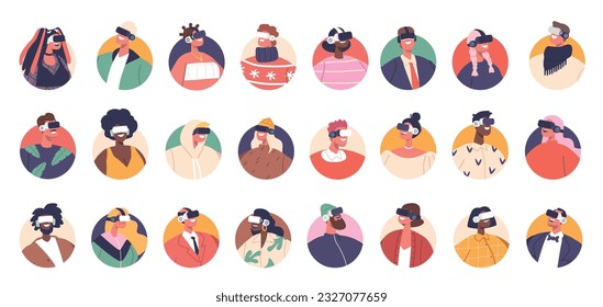 Set of Character Avatar Wear Vr Glasses To Immerse In Virtual Reality Experiences, People Round icons, Illustration