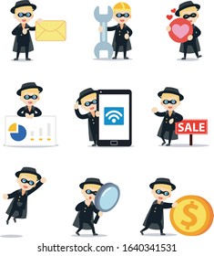 Set character of bandit man wearing masks when robber a bank.