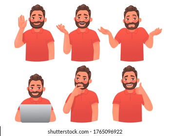 Set of character bearded man with different gestures and emotions. Greeting, conversation, doubt, guy with a laptop, thinks, approval. Company employee or consultant. Vector illustration cartoon style