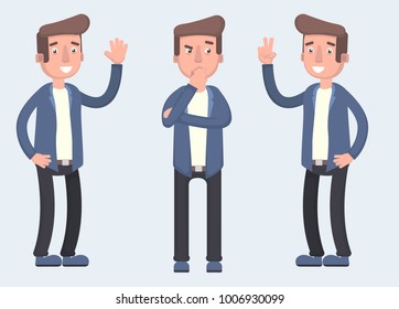 Set of character bearded man greets , thinks and finds a solution. Vector illustration in cartoon style