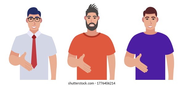 Set of character bearded man greets. Bearded men giving hand shake pose and smiling with welcome gesture. Vector illustration in cartoon style.