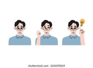 Set of character bearded man greets , thinks and finds a solution. Vector illustration in cartoon style