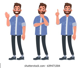 Set of character bearded man greets , thinks and finds a solution. Vector illustration in cartoon style - Shutterstock ID 639471304