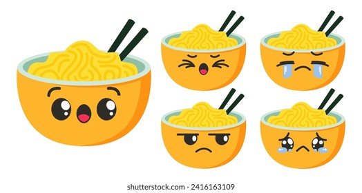 a set character of bowl is orange with a green rim, filled with yellow noodles and accompanied by two chopsticks