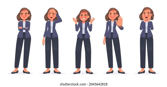 Set of character business woman expressing negative emotions. Displeased, angry girl. Headache, stop gesture, shock, fear, stress. Vector illustration in cartoon style