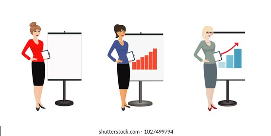 Set of character business woman on background of growing up charts.