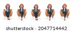 Set of character of a business woman sitting in a chair. A girl employee in an armchair uses a tablet and a phone, rests, drinks coffee, calls. Vector illustration in cartoon style