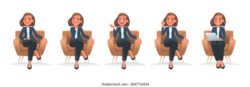 Set of character of a business woman sitting in a chair. A girl employee in a armchair speaks, thinks, works at a laptop, gestures. Vector illustration in cartoon style