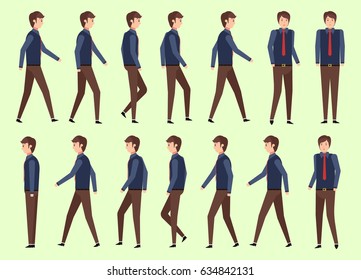 set character businessman for animator design of walking flat, vector, illustration style. front view, haft front view, Side view.