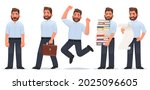 Set of character a businessman in different situations. The man is shocked, goes to work, happy and jumped, deadline, holding a list. Vector illustration in cartoon style