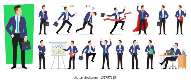 Set of character businessman in different situations, poses, super man with cloak, talking on phone, working with documents, businessman at the presentation, office worker vector illustration