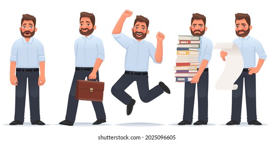 Set of character a businessman in different situations. The man is shocked, goes to work, happy and jumped, deadline, holding a list. Vector illustration in cartoon style