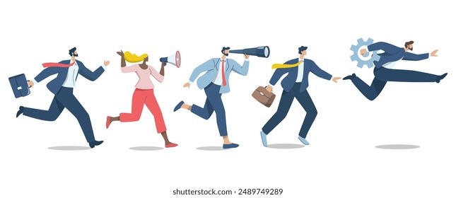 Conjunto de carácter de hombre de negocios correr hacia la meta. Grupo de hombres de negocios o empleados de la empresa que corren rápido, competencia de negocios, Corriendo a la oportunidad o el éxito, ilustración de diseño de Vector.