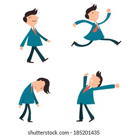 Set of character businessman, suit man, or office workers pose in various emotion, yawning, happy, walking, running in a hurry, and in sad feeling.  