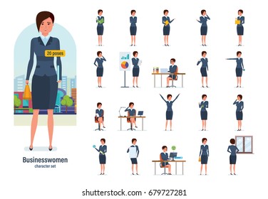 Set of character businesswoman in office work situations. Young clerk in formal wear. Different poses and emotions, gestures, actions. Illustration isolated in cartoon style front and rear view