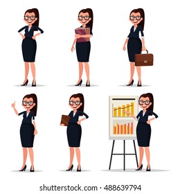 Set character businesswoman, secretary or teacher. Smiling business woman in various poses on a white background. Vector illustration