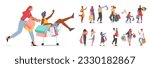 Set of Character Carrying Shopping Bags, Symbolizing Consumerism And Retail Therapy. People Purchasing Goods, Riding Trolley And Get Enjoyment From Shopping Experiences. Cartoon Vector Illustration