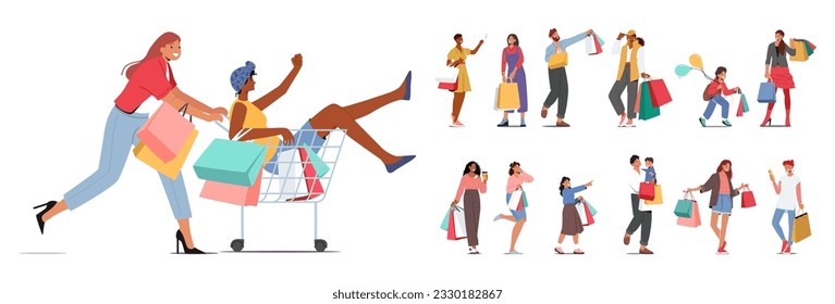 Set of Character Carrying Shopping Bags, Symbolizing Consumerism And Retail Therapy. People Purchasing Goods, Riding Trolley And Get Enjoyment From Shopping Experiences. Cartoon Vector Illustration