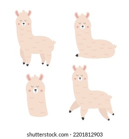 Set of character cartoon lama in boho style. Vector illustration.