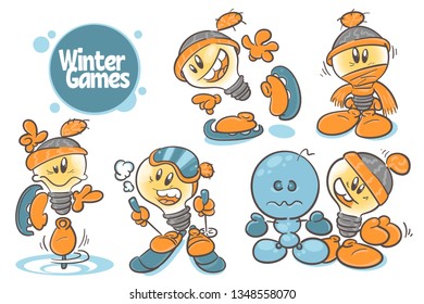 Set character cartoon lightbulb 2. Winter games. On white background. Vector