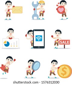 Set of character cartoon man boxer champion in ring