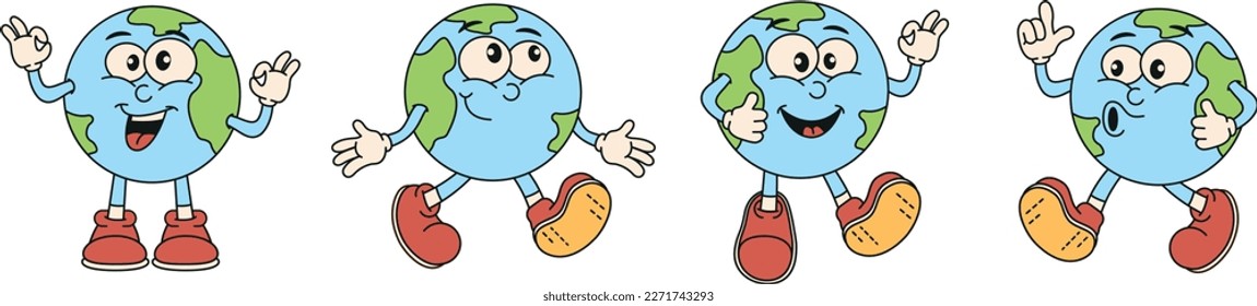 Set Character cartoon retro planet Earth. The concept of earth day and save the planet. Environment. Clockwork illustration in the style of the 70s. Vector illustration.