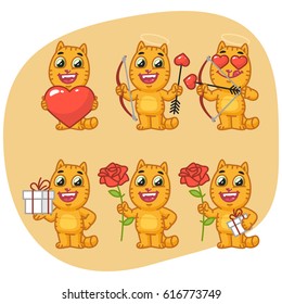 Set Character Cat Holding Flower Gift Heart Arrows and Bow. Vector Illustration. Mascot Character.