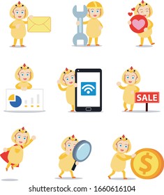 Set character of a cheerful woman wearing little chick costume.