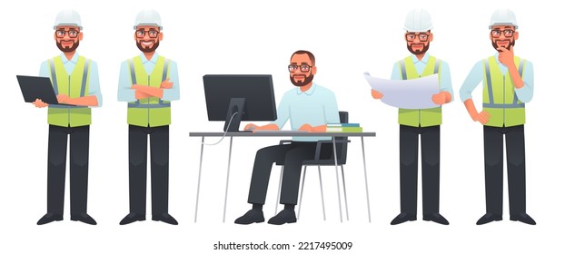 Set of character construction engineer in helmet and signal vest. Builder or foreman with a laptop, at  desktop, looks at the drawing, thinks. Vector illustration in cartoon style