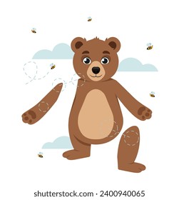 Set of Character Constructor for Animation. Adorable bear with moving limbs or paws. Beast or wild animal in different poses and positions. Cartoon flat vector collection isolated on white background