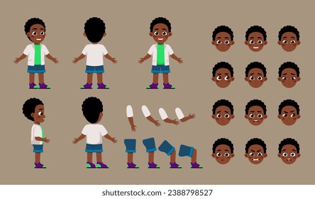 Set of Character Constructor for Animation. African American boy. Stylish child. Body parts in different poses and facial expressions. Cartoon flat vector illustrations isolated on brown background