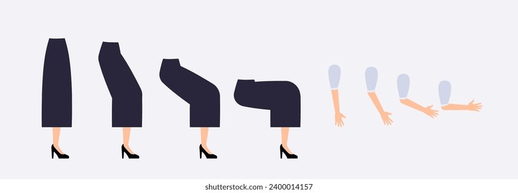 Conjunto de constructores de caracteres para animación. Brazos y piernas de profesora femenina inclinadas a las articulaciones. Las extremidades en un momento de movimiento diferente. Ilustraciones de caricaturas de vectores planos aisladas en fondo blanco