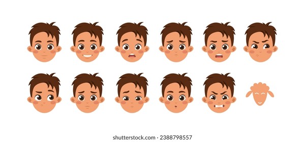 Set of Character Constructor for Animation. Avatars of little boy expressing different emotions. Face of sad, joyful and angry child. Cartoon flat vector illustrations isolated on white background