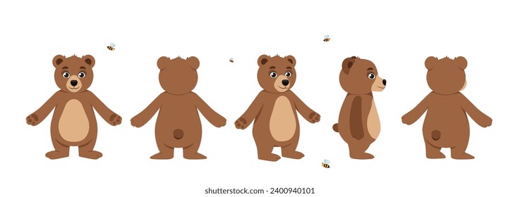 Conjunto de constructores de caracteres para animación. Cuerpo de lindos animales salvajes o bestias de frente, espalda y lado. El oso adorable en diferentes poses. Colección vectorial plana de dibujos animados aislada en fondo blanco