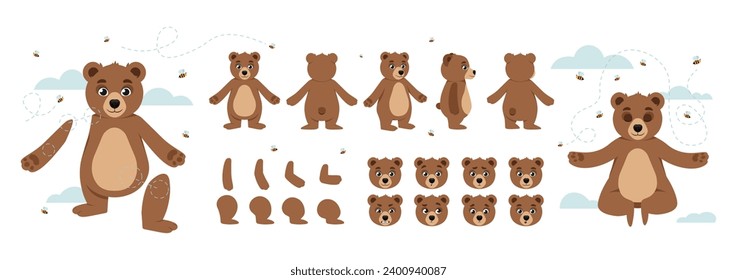 Set of Character Constructor for Animation. Bunch of body parts and emotional expression of adorable forest bear. Animal in different poses. Cartoon flat vector collection isolated on white background