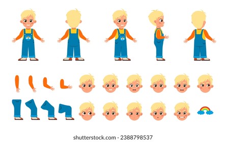 Conjunto de constructores de caracteres para animación. Niño lindo en elegantes overoles. Piezas corporales en diferentes poses y expresiones faciales. Ilustraciones de caricaturas de vectores planos aisladas en fondo blanco