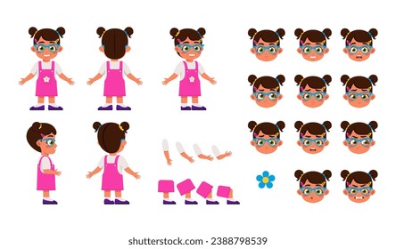 Conjunto de constructores de caracteres para animación. Chica preescolar con vestido rosa. Partes corporales y expresiones faciales. Niño en diferentes poses. Ilustraciones del vector plano de dibujos animados aisladas en segundo plano