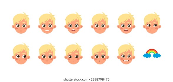 Set of Character Constructor for Animation. Face of funny, happy, scared, upset and tired little boy. Avatar of child expressing emotion. Cartoon flat vector illustrations isolated on white background