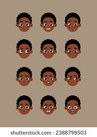 Set of Character Constructor for Animation. Face of smiling, sad, happy and surprised African American boy. Expressing different emotion. Cartoon flat vector illustrations isolated on brown background