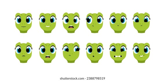 Set of Character Constructor for Animation. Face of cute turtle expressing various emotions. Happy, joyful, angry, sad animal avatar. Cartoon flat vector illustrations isolated on white background