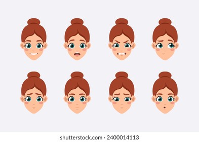 Conjunto de constructores de caracteres para animación. Cara de profesora femenina feliz, disgustada, pensativa, enfadada y cansada. Woman avatar expresa emociones. Ilustraciones del vector plano de dibujos animados aisladas en segundo plano