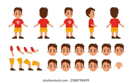 Set of Character Constructor for Animation. Happy preschooler boy in casual clothes. Body parts in different poses. Facial expressions. Cartoon flat vector illustrations isolated on white background