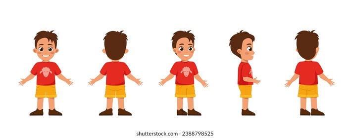 Conjunto de constructores de caracteres para animación. Feliz niño de preescolar en pleno crecimiento. Cuerpo infantil de diferentes lados y ángulos. Ilustraciones de caricaturas de vectores planos aisladas en fondo blanco