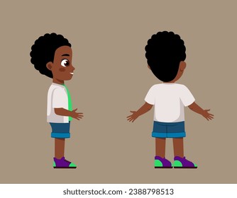 Set of Character Constructor for Animation. Side and back view of small African American boy standing at full height. Child body position. Cartoon flat vector illustration isolated on brown background